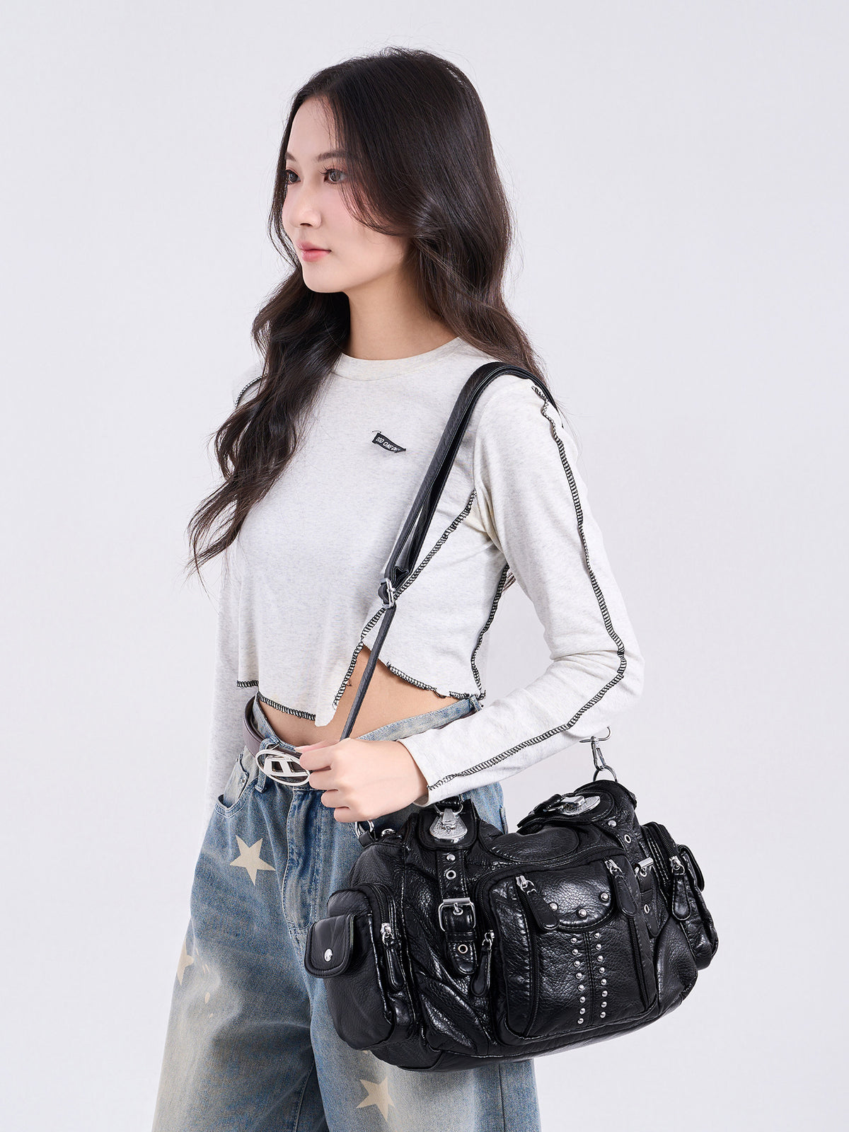 Vintage Black Multi-Pocket Shoulder Bag