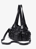 Vintage Black Multi-Pocket Shoulder Bag