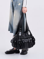 Vintage Black Multi-Pocket Shoulder Bag