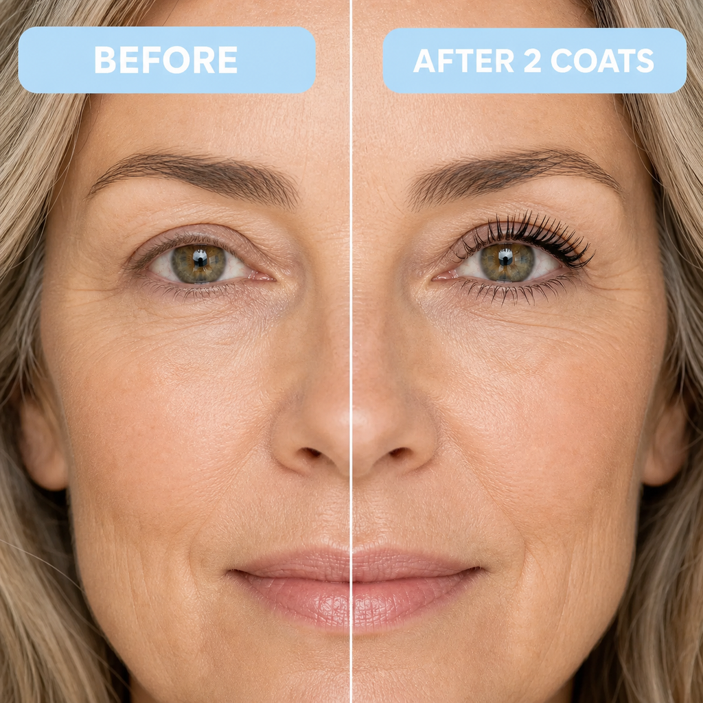 Mature lashes before and after two coats of LashRenew Mascara