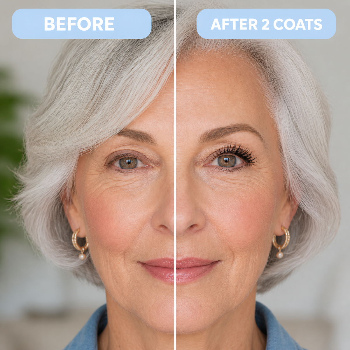 Mature lashes before and after two coats