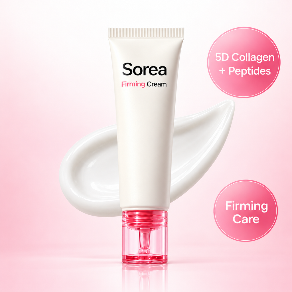 Sorea Firming Cream with 5D collagen and peptides on a pink gradient