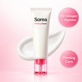 Sorea Firming Cream with 5D collagen and peptides on a pink gradient