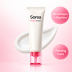 Sorea Firming Cream with 5D collagen and peptides on a pink gradient