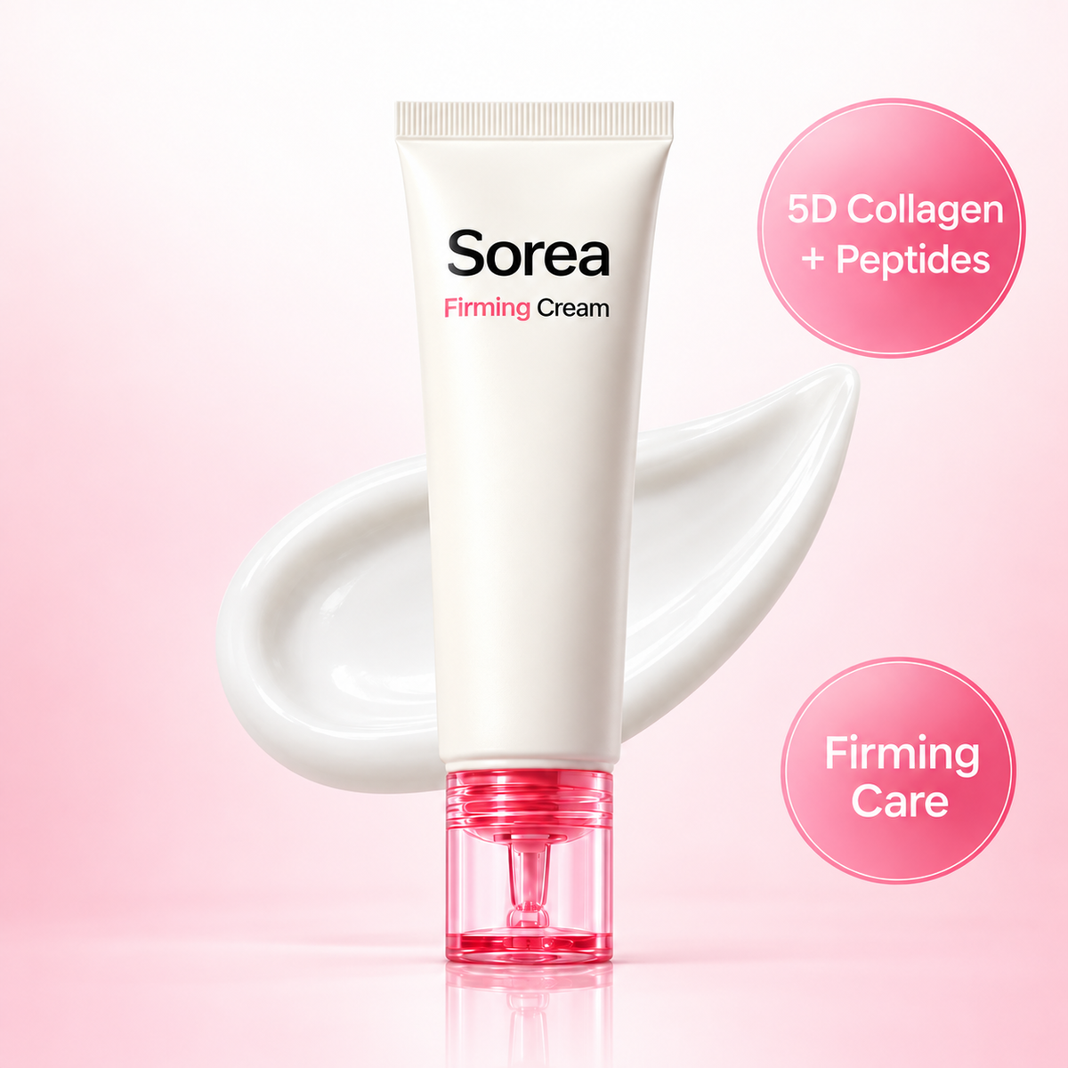 Sorea Firming Cream with 5D collagen and peptides on a pink gradient
