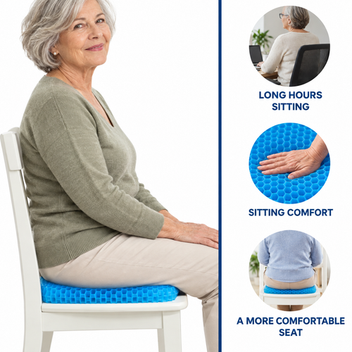 Older adult sitting on a blue gel seat cushion with everyday comfort details
