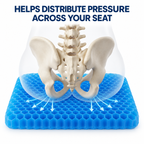 Illustration of sitting pressure distributed across a blue honeycomb gel cushion