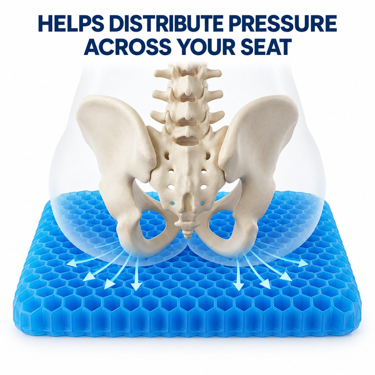 Illustration of sitting pressure distributed across a blue honeycomb gel cushion