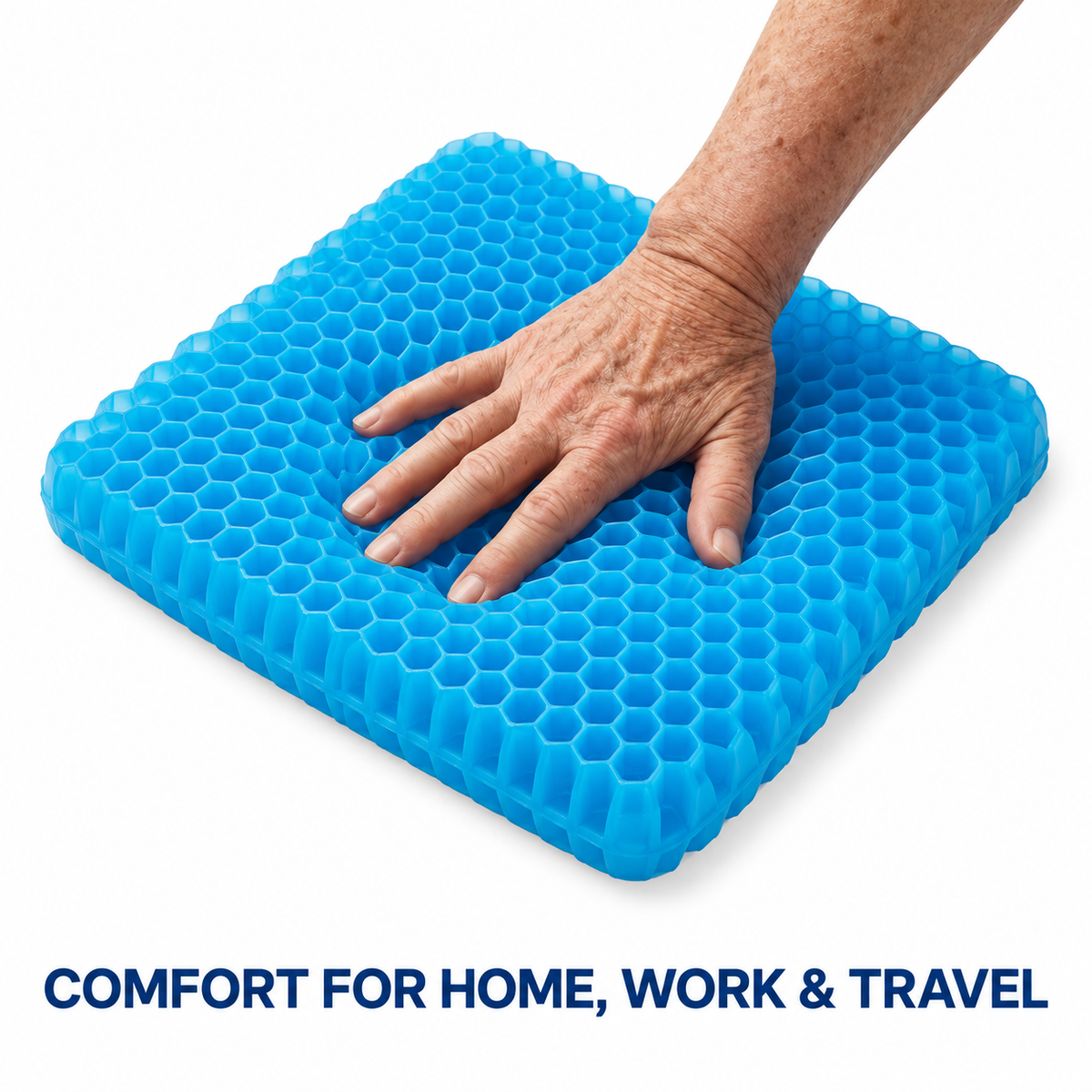 Hand pressing the flexible blue honeycomb gel cushion