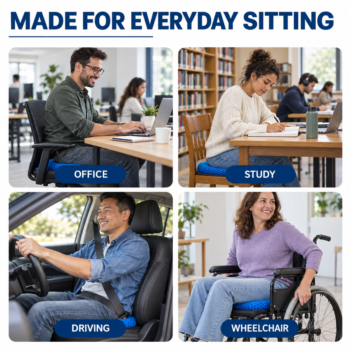 Four uses for the gel seat cushion: office, study, driving and wheelchair