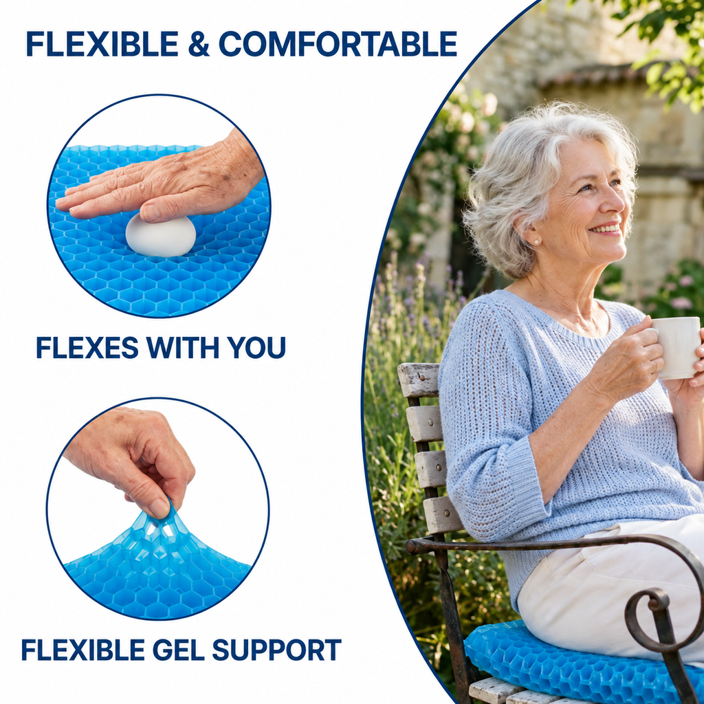 Flexible gel cushion details and an older adult seated outdoors